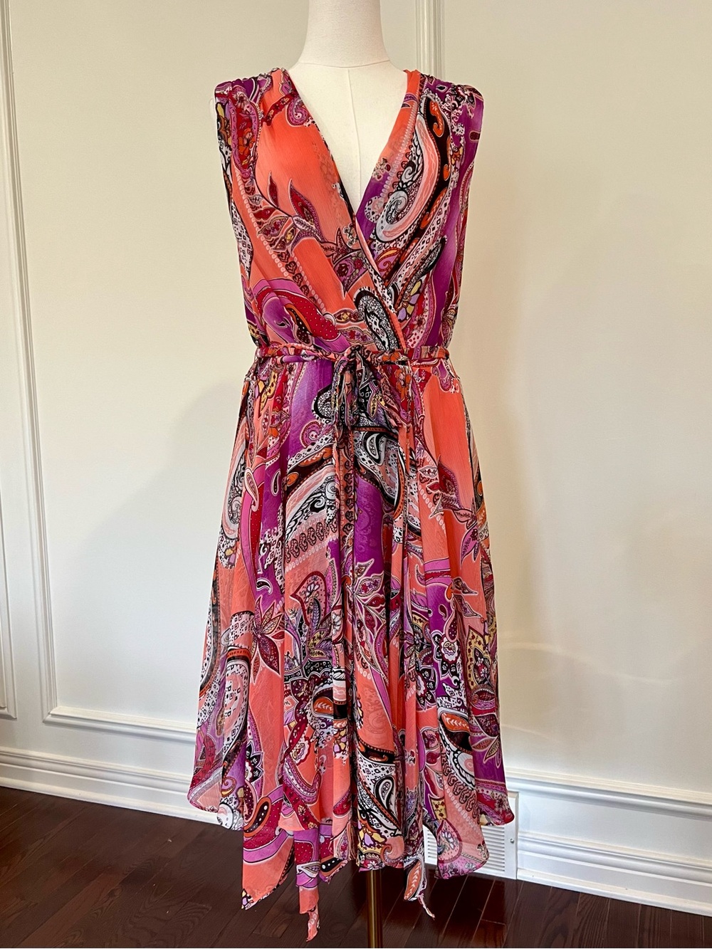 Evan Picone Coral and Fuchsia Paisley Midi Dress